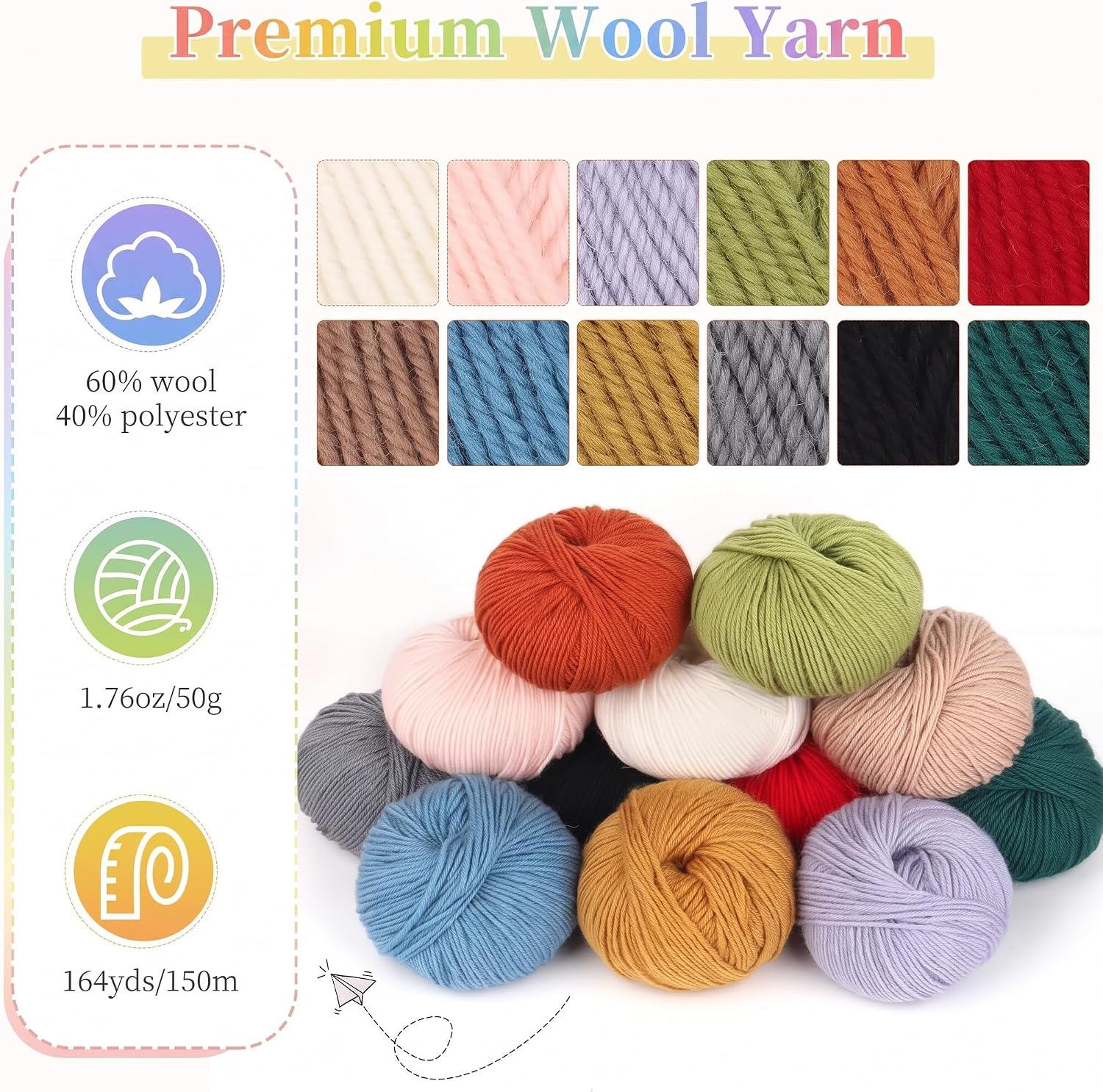 DK Wool Blend Yarn — 12 Colours, 600 g, 1,968 Yards