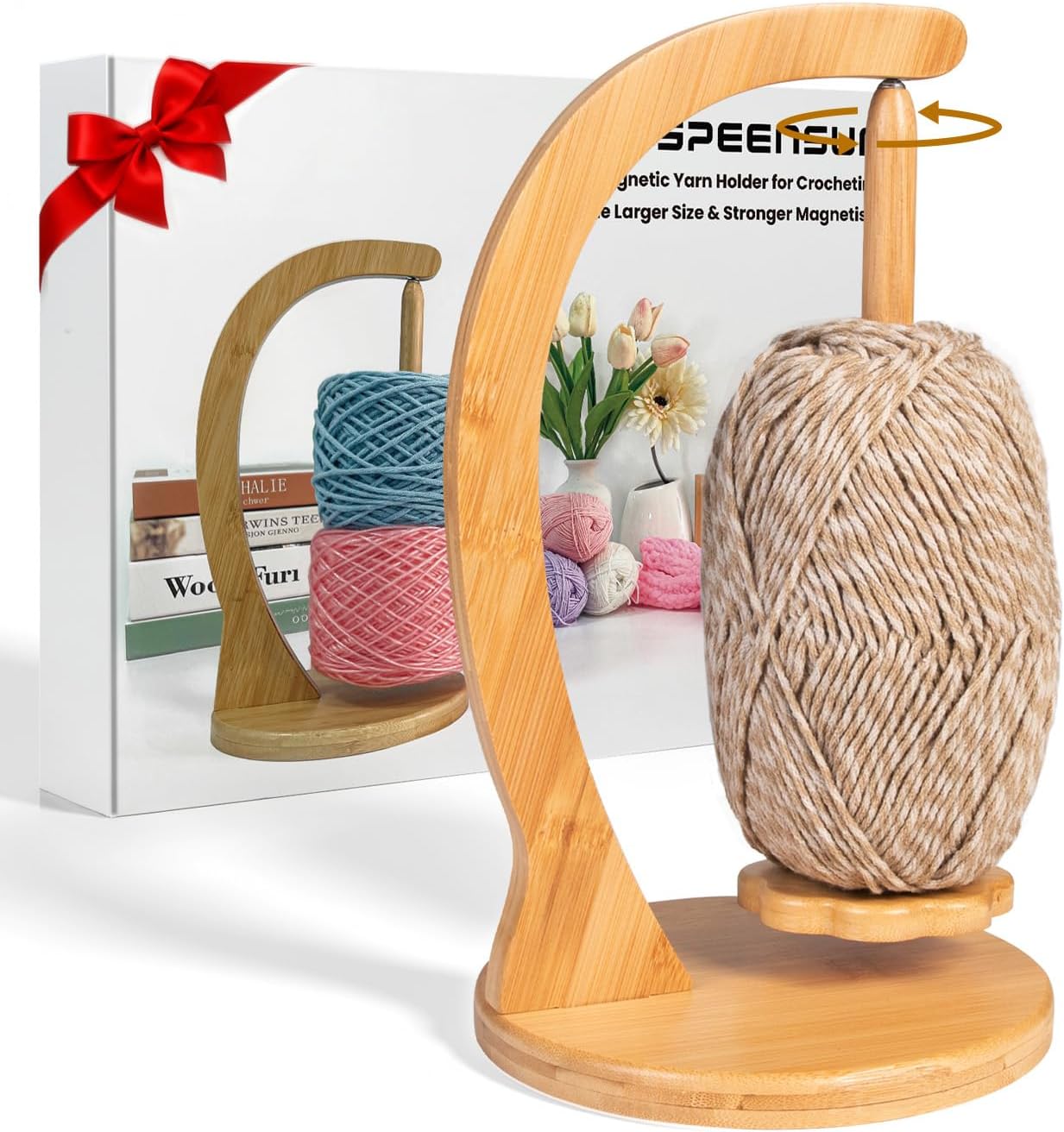 Magnetic Yarn Holder — Large, Natural Wood, Holds 1.1 lb