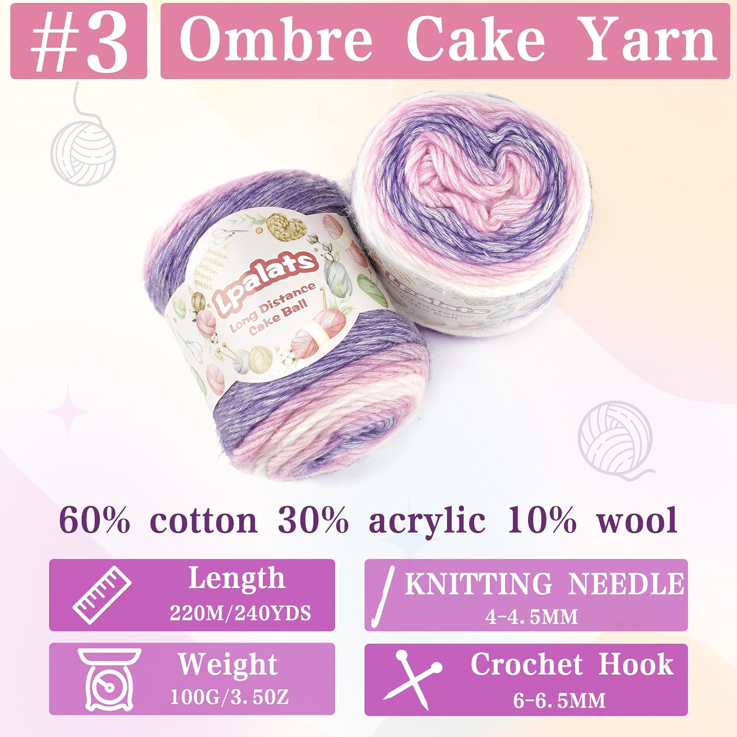 Ombre Cake Yarn — 4 x 100 g, 60% Cotton, 962 Yards