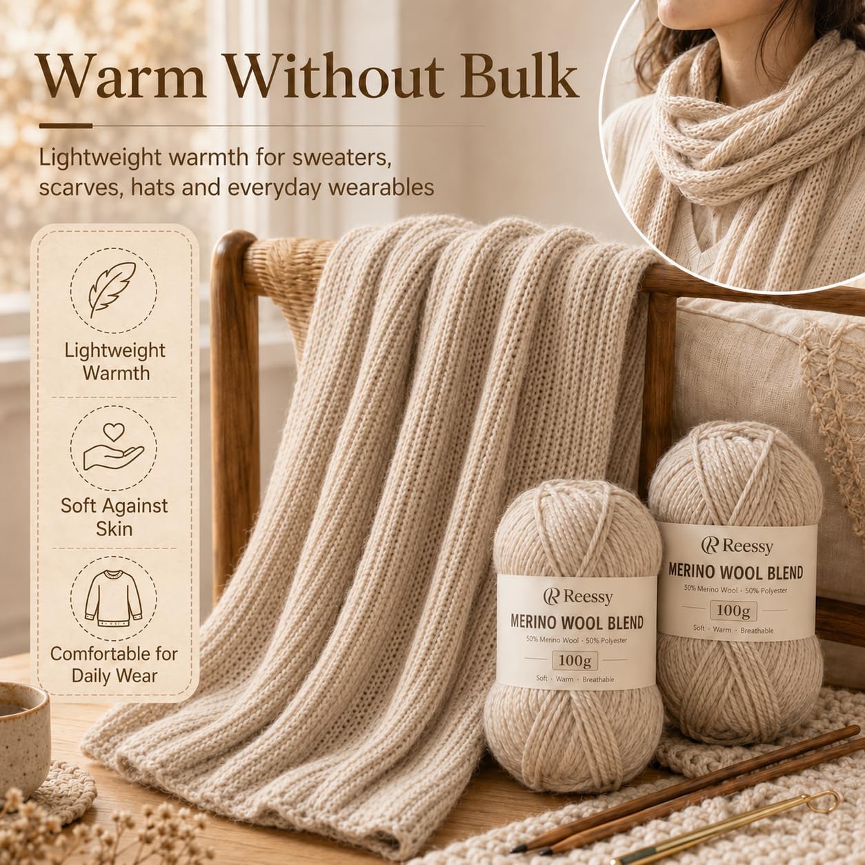Wool Blend Yarn — 6 Skeins, 100 g Each, Medium Weight